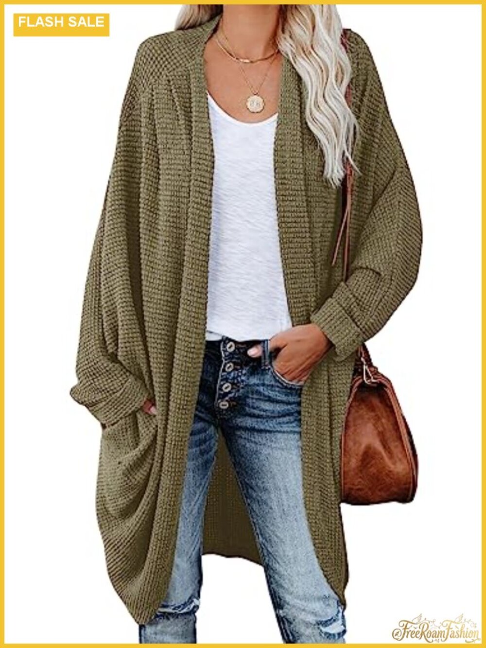 Womens Oversized Knit Cardigan Batwing Sleeve Cable Sweater with Pockets